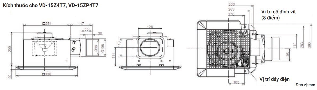 Bản vẽ kỹ thuật quạt hút thông gió âm trần VD 15Z4T7 Mitsubishi