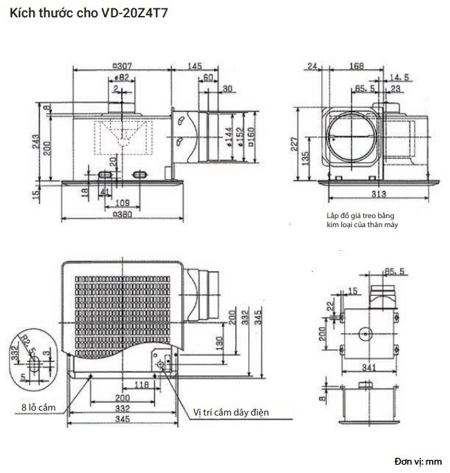 Bản vẽ kỹ thuật quạt hút thông gió âm trần VD 20Z4T7 Mitsubishi 