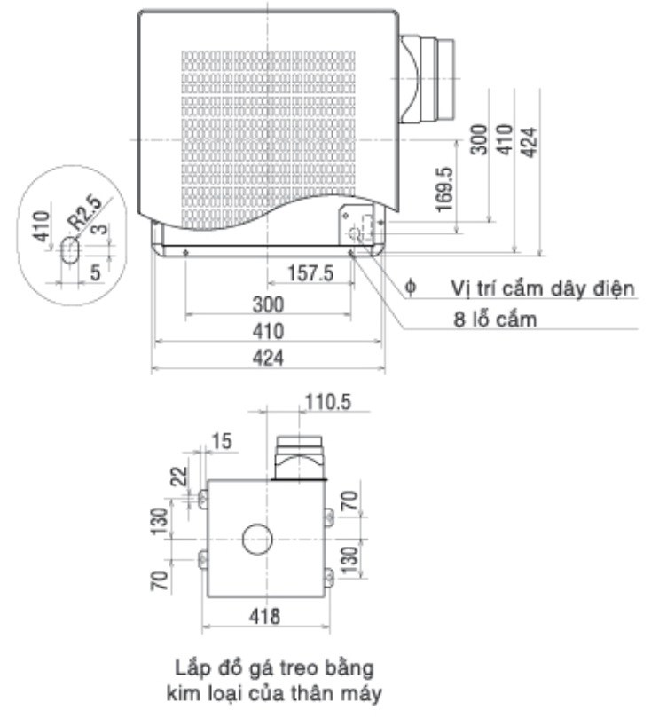 Bản vẽ kỹ thuật quạt hút thông gió âm trần VD-23ZP4T3/5 Mitsubishi