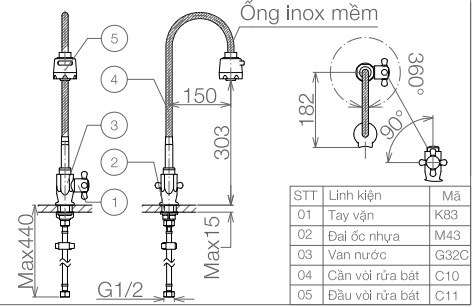 Bản vẽ kỹ thuật vòi rửa chén Viglacera VG 705 