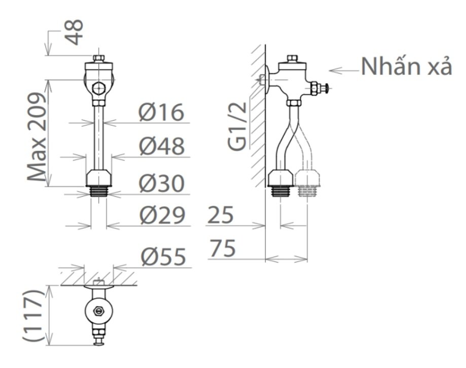 Bản vẽ kỹ thuật van xả tiểu nam Viglacera VG845.1
