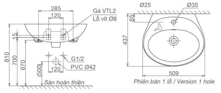 Bản vẽ kích thước lavabo VTL2 Viglacera 