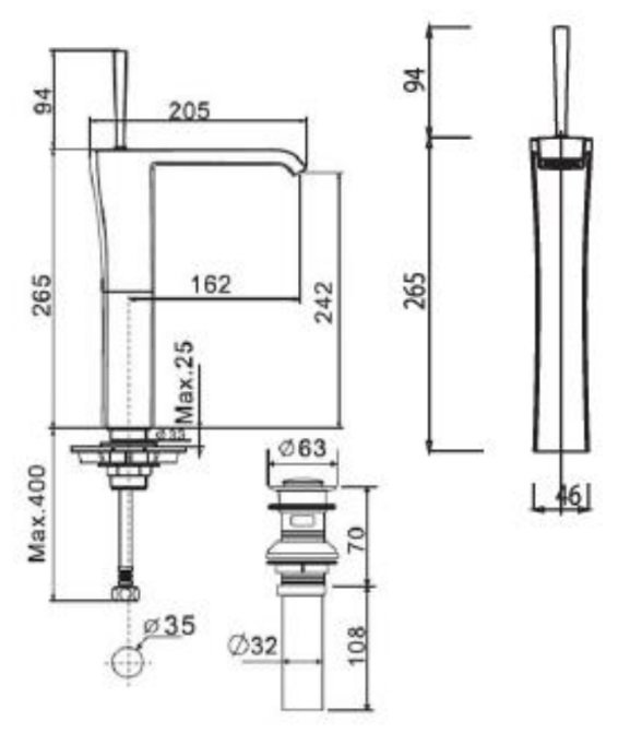 Bản vẽ kích thước vòi chậu WF0603 nóng lạnh american