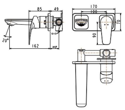 Bản vẽ kích thước vòi lavabo American WF0904 gắn tường