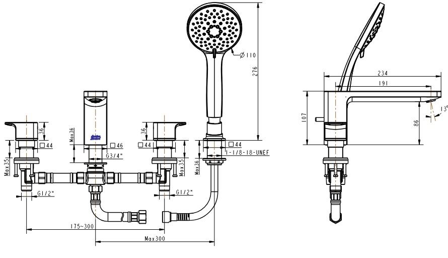 Bản vẽ kích thước vòi sen xả bồn WF1300WS American Standard