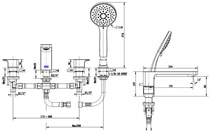 Bản vẽ kích thước vòi sen xả bồn WF1300MB American Standard