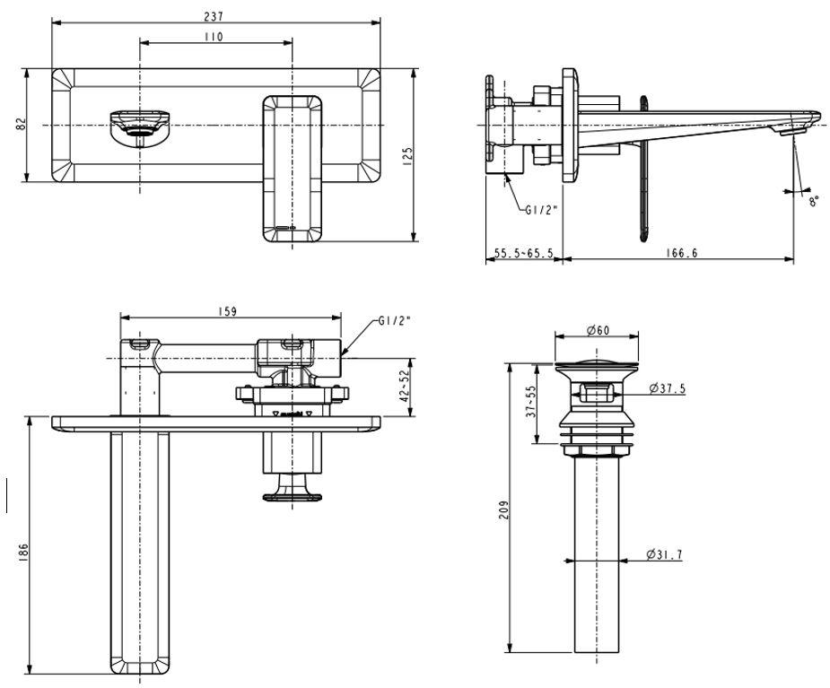 Bản vẽ kỹ thuật vòi lavabo âm tường American WF 2417 nóng lạnh