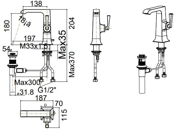 Bản vẽ kích thước vòi chậu American Standard WF1601