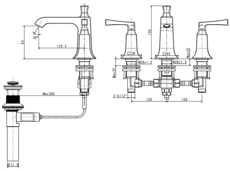 Bản vẽ kích thước vòi lavabo American WF1603 3 lỗ