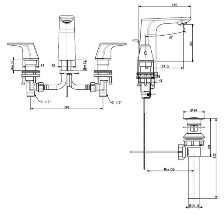 Bản vẽ kích thước vòi lavabo American WF1703 3 lỗ