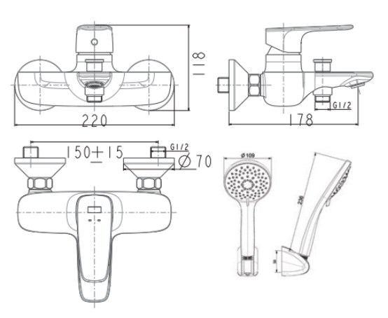 Bản vẽ vòi tắm sen American Standard WF1711 nóng lạnh