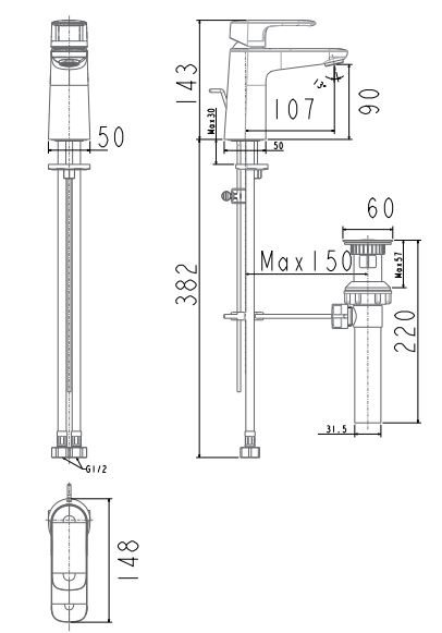 Bản vẽ kích thước vòi chậu rửa mặt American WF1M01 