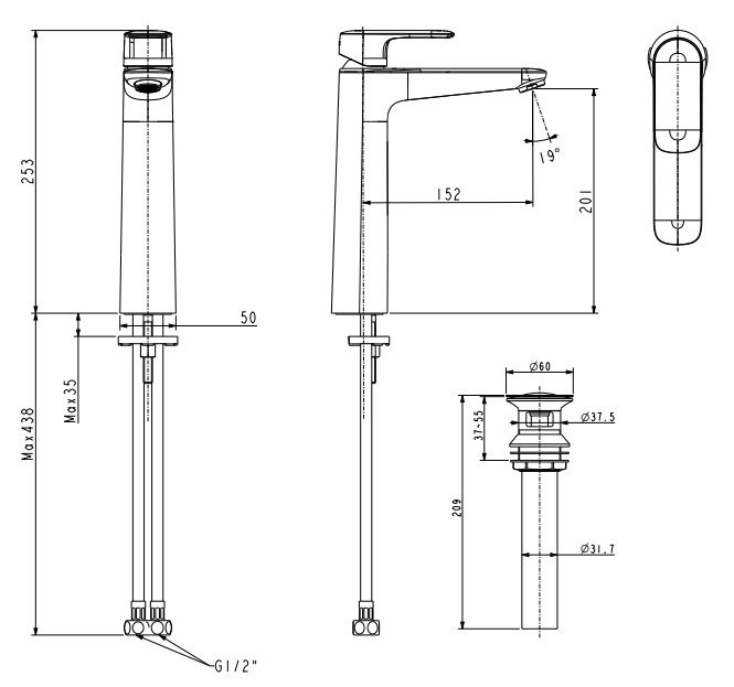 Bản vẽ kích thước vòi chậu American WF1M02