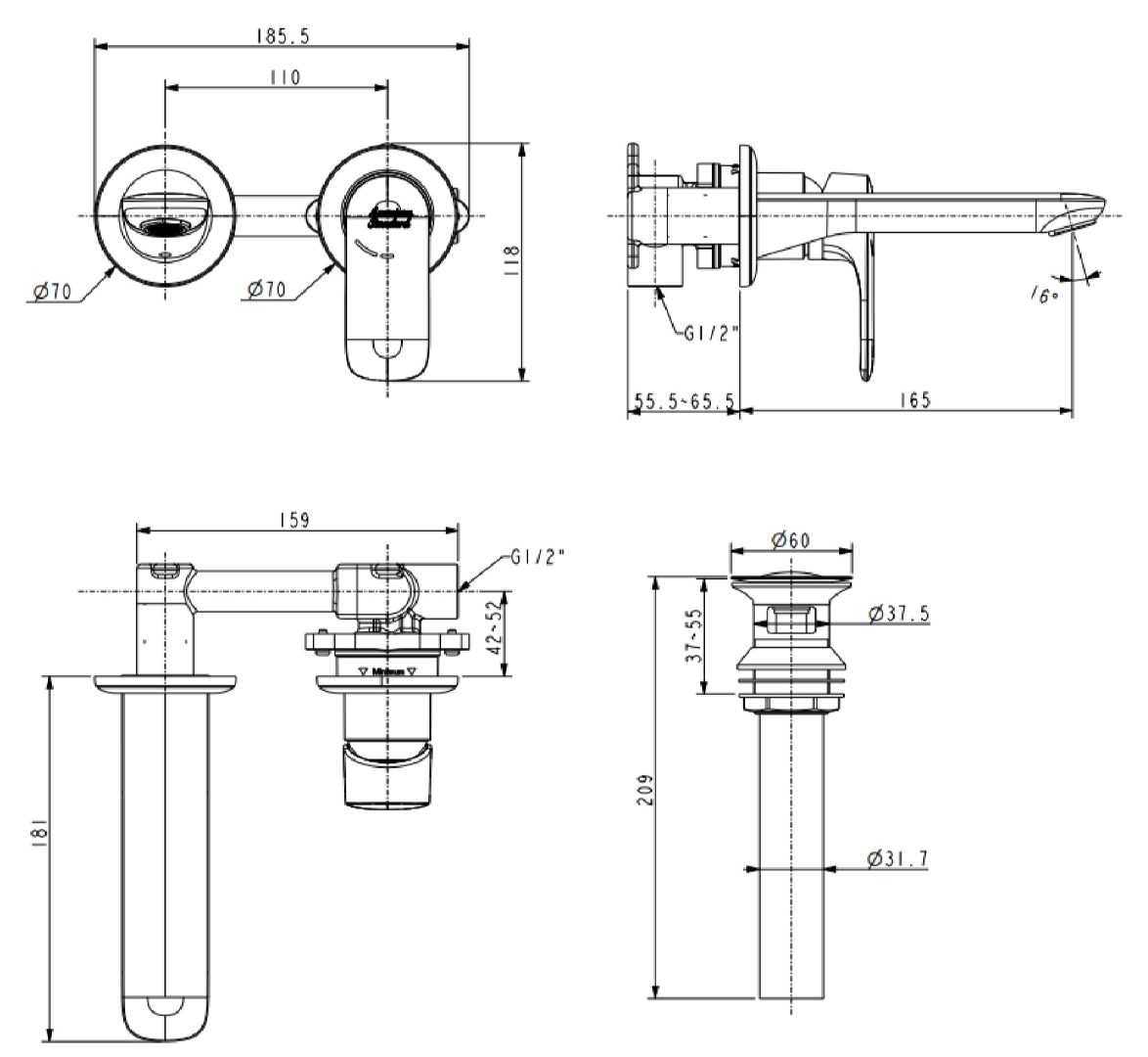 Bản vẽ kích thước vòi chậu gắn tường American WF1M04