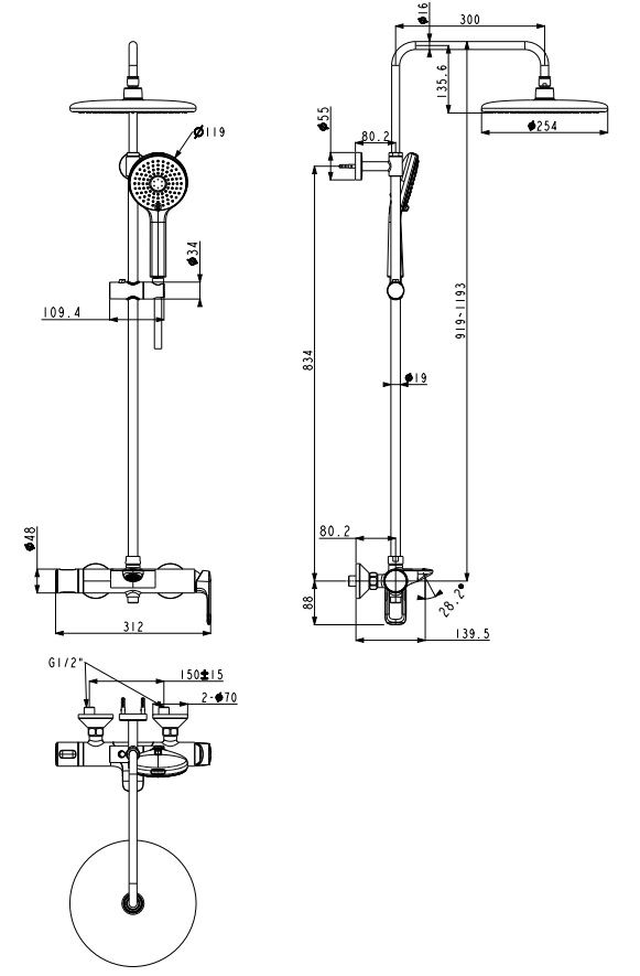 Bản vẽ kích thước sen tắm cây American Standard FFAS1M72