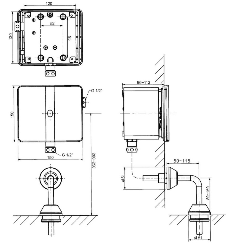 Bản vẽ kích thước van xả tiểu cảm ứng American Standard WF 8604