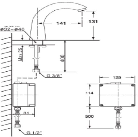Bản vẽ kích thước vòi lavabo WF-8815 American cảm ứng 220V