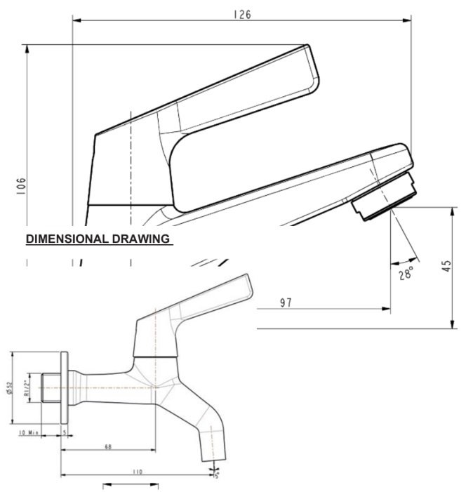 Bản vẽ kích thước vòi American lạnh WFT602 gắn tường