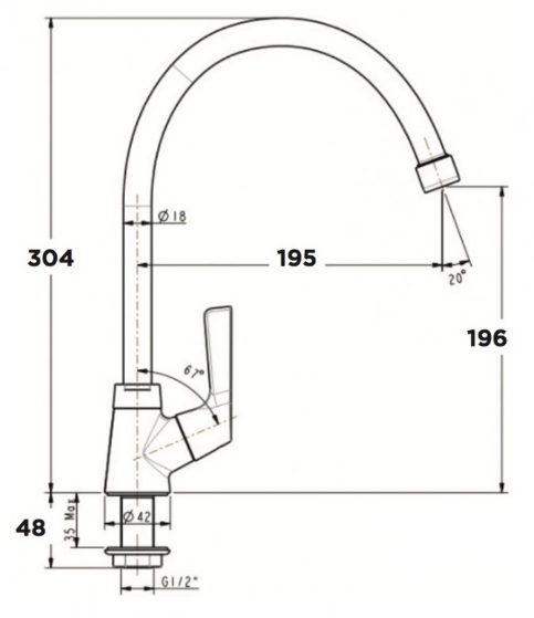 Bản vẽ kích thước vòi rửa chén American WFT606