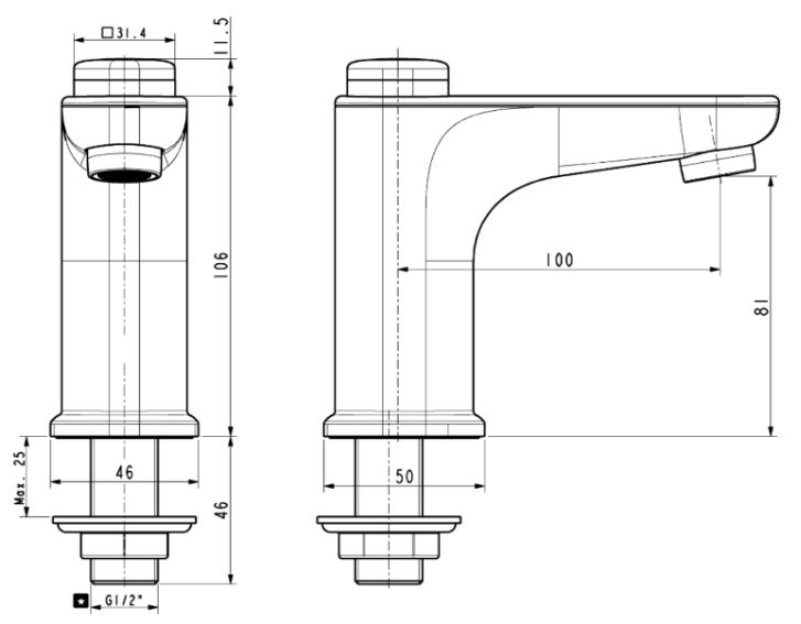 Bản vẽ kích thước vòi chậu lavabo nước lạnh WFT823W