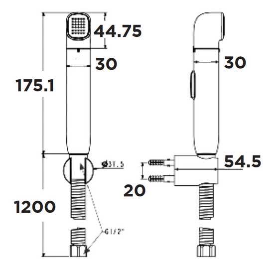 Bản vẽ kích thước vòi xịt WF TS28CW American Standard