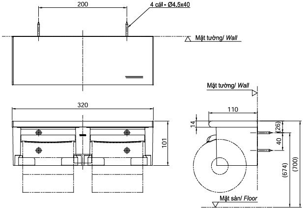Bản vẽ kích thước hộp giấy đôi YH702 TOTO