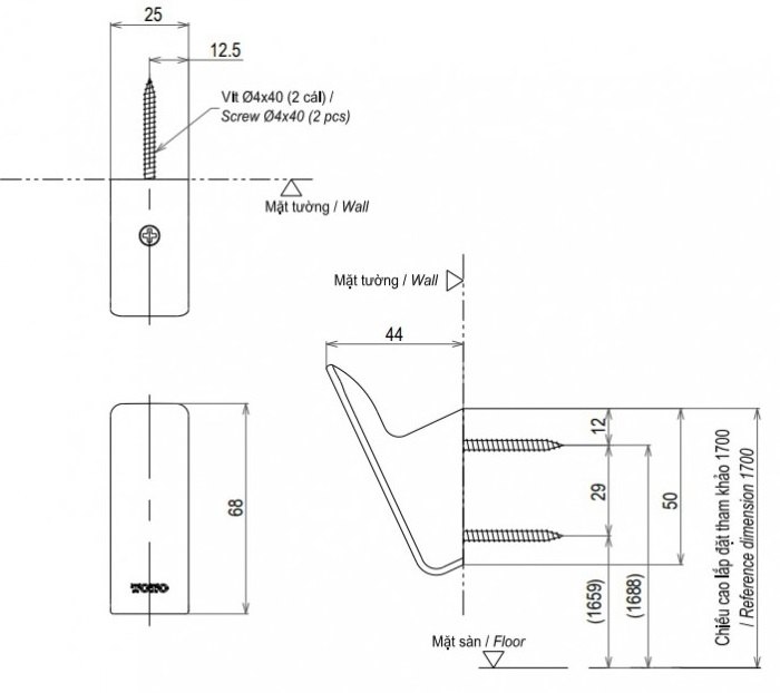 Bản vẽ móc áo đơn YRH902VV1-PFG TOTO