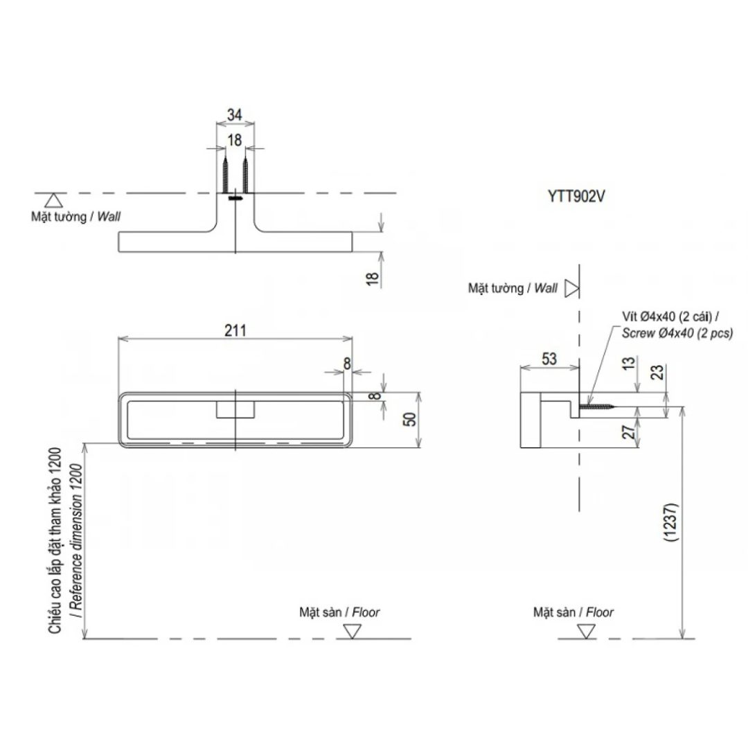Bản vẽ khung treo khăn YTT902V-BGP TOTO