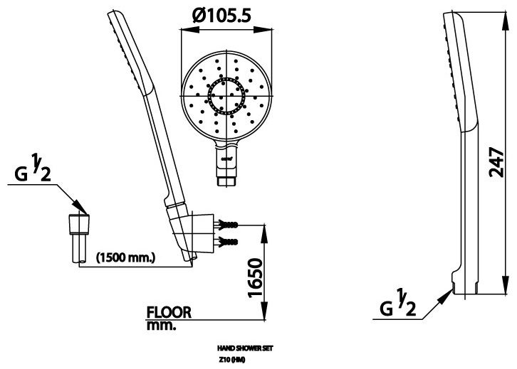 Bản vẽ kích thước tay sen COTTO z10 whhm màu trắng