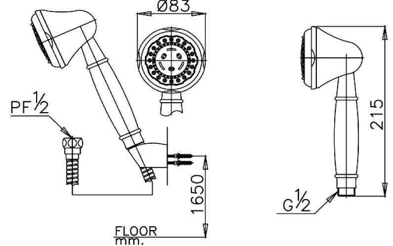 Bản vẽ kích thước tay sen 3 chức năng COTTO z58 hm