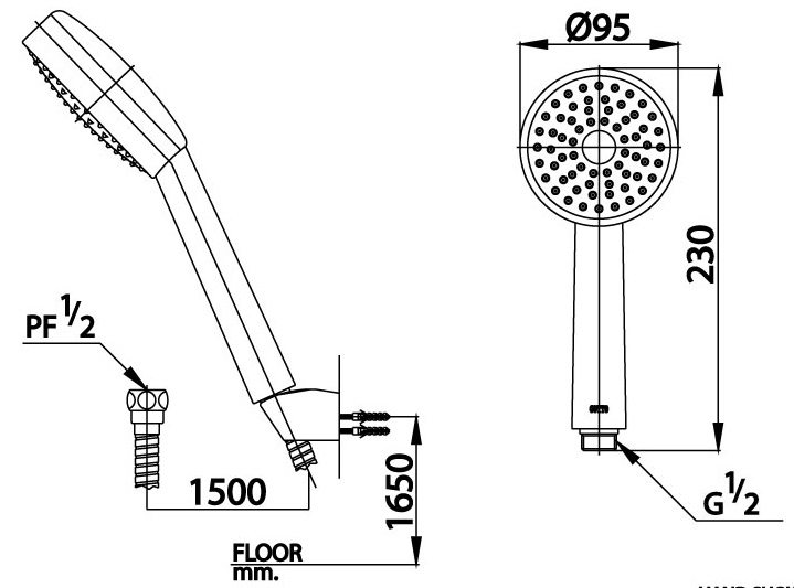 Bản vẽ kích thước tay sen 1 chức năng COTTO z71 hm