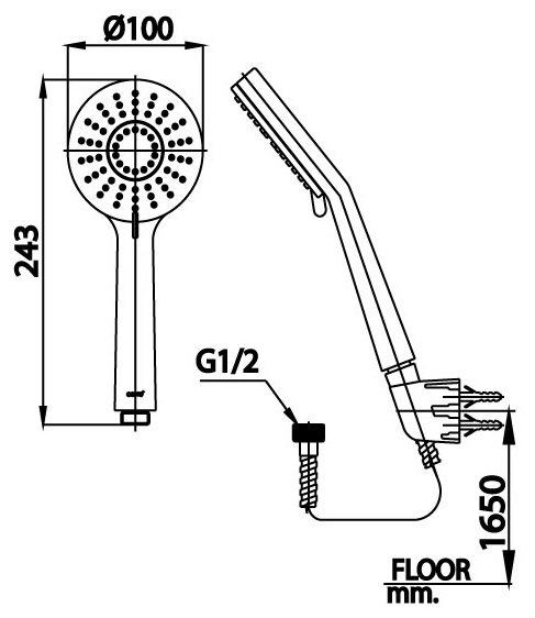 Bản vẽ kích thước tay sen 3 chức năng cotto z90 hm