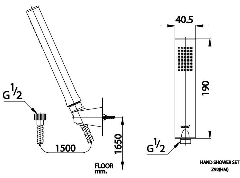 Bản vẽ kích thước tay sen 1 chức năng cotto z 92 hm 