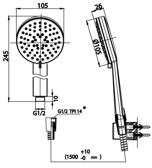 Bản vẽ kích thước tay sen 3 chức năng cotto zh 019 bn2 hm