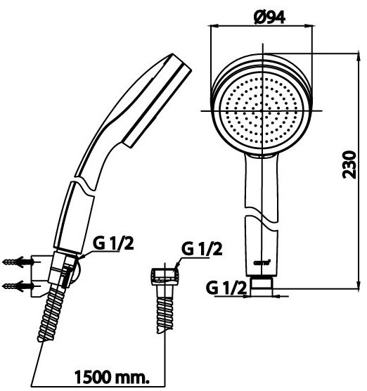 Bản vẽ kích thước tay sen 1 chức năng COTTO zh 020 hm 