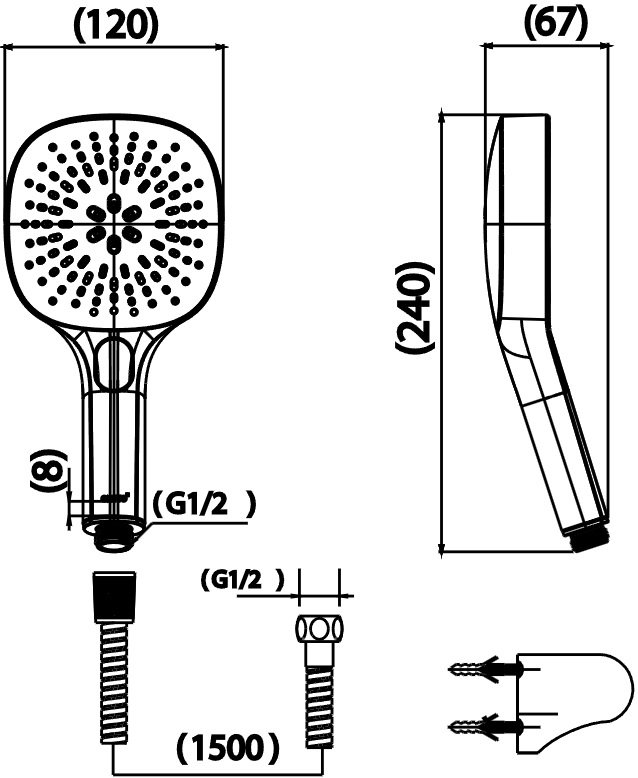 Bản vẽ kỹ thuật tay sen COTTO ZH026 GG HM 3 chức năng