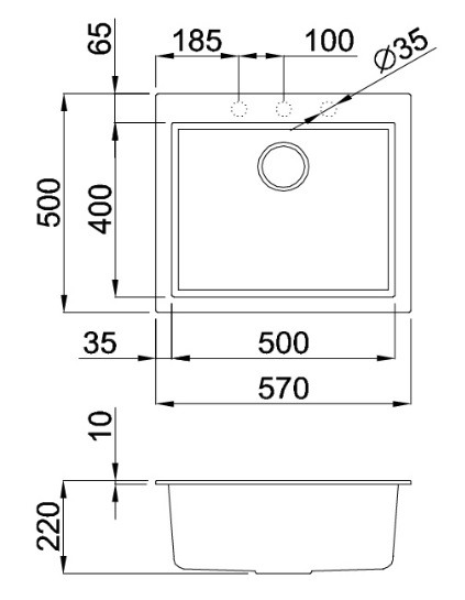 Bản vẽ kỹ thuật chậu đá rửa bát TORTORA K10543 Malloca