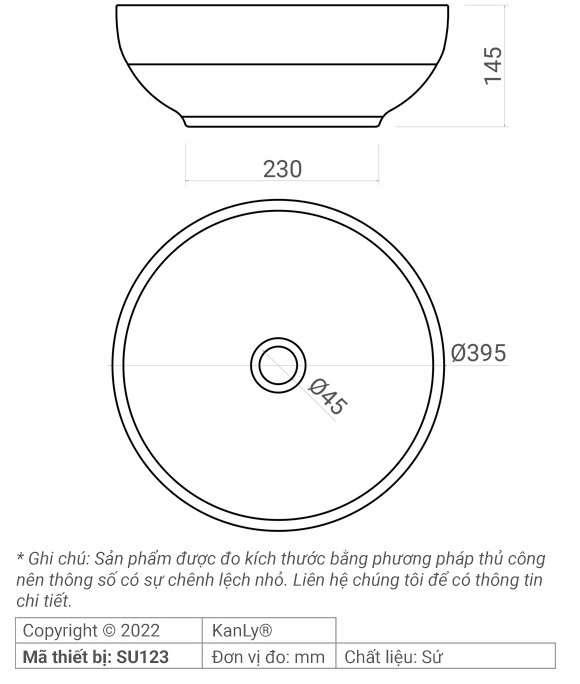 Bản vẽ kích thước chậu rửa mặt Kanly SU123 sứ in mỹ thuật