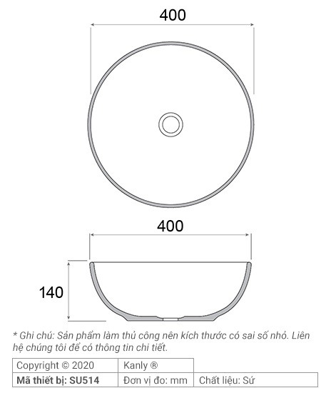Bản vẽ kích thước chậu lavabo SU 514 tròn màu vàng