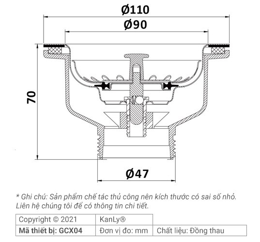 Bản vẽ kỹ thuật đầu xả chậu rửa Kanly GCX04