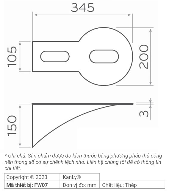Bản vẽ giá đỡ chậu lavabo Kanly FW07 treo tường