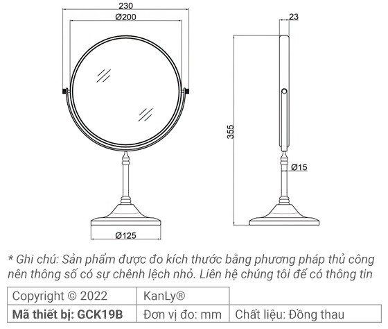 Bản vẽ kỹ thuật gương 2 mặt mini Kanly GCK19B