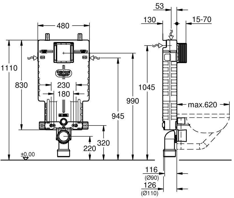 Bản vẽ két nước âm tường 38643001 Grohe