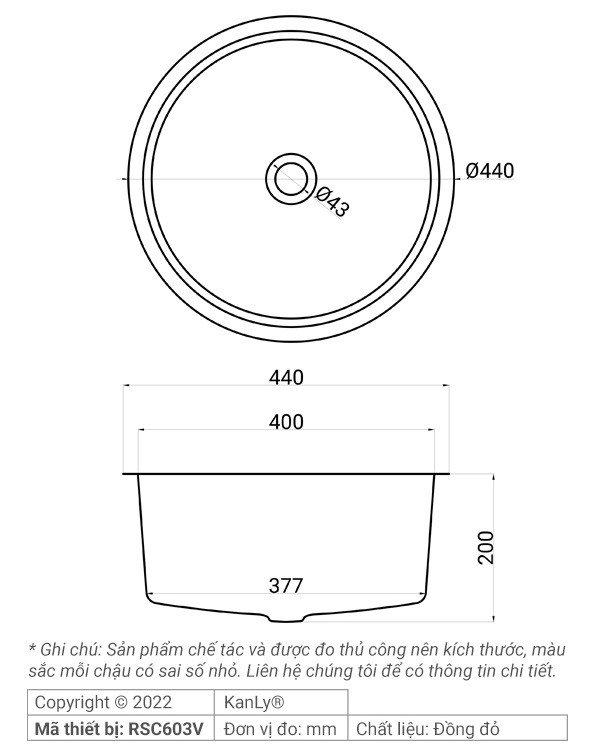 Bản vẽ kích thước chậu rửa mặt Kanly RSC 603V bằng đồng thau giả cổ