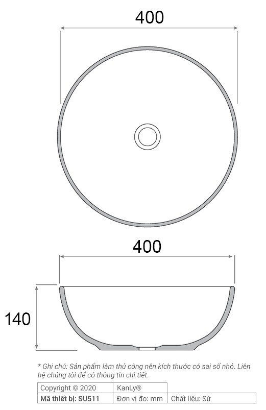 Bản vẽ kích thước chậu lavabo SU 511 tròn màu nâu