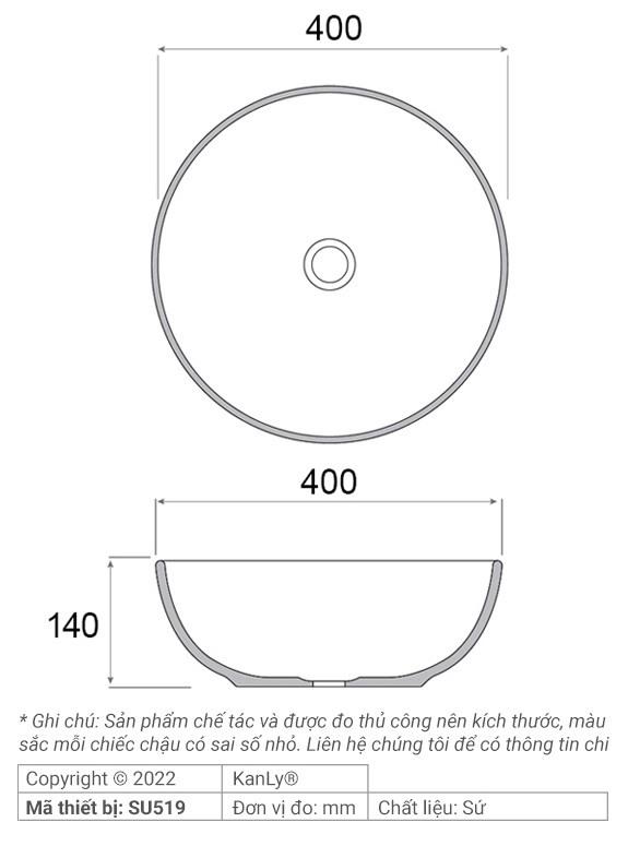 Bản vẽ kích thước chậu lavabo SU 519 tròn màu xanh lá đậm