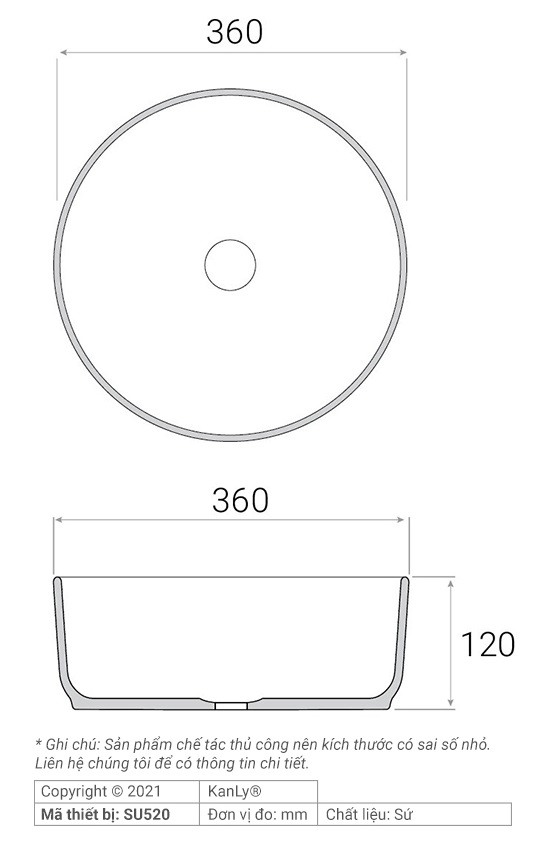 Bản vẽ kích thước chậu lavabo SU 520 tròn màu hồng