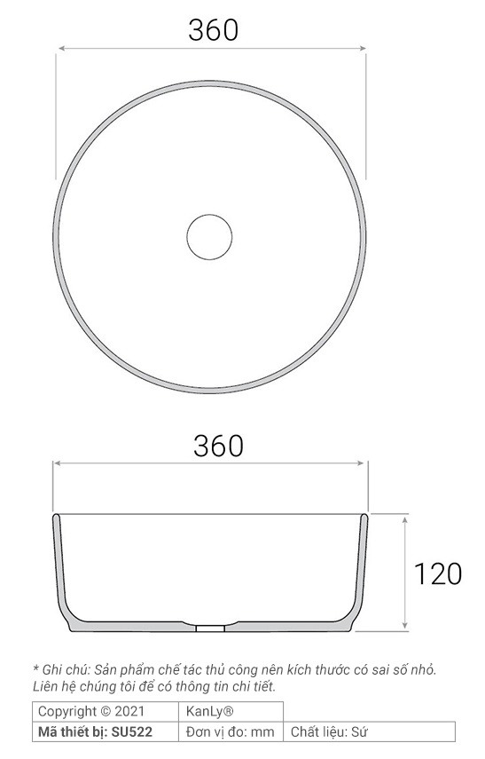 Bản vẽ kích thước chậu lavabo SU 522 tròn màu đen