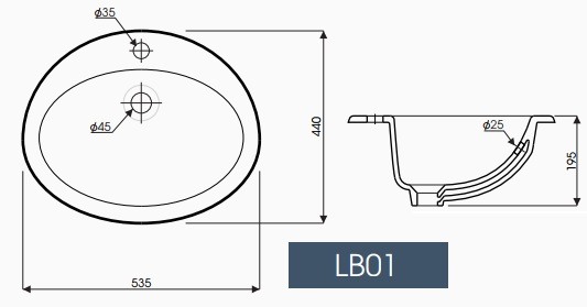Bản vẽ kích thước chậu rửa lavabo LB 01 âm bàn