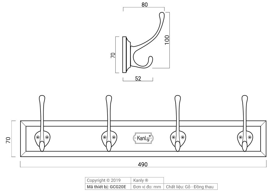 Bản vẽ kích thước móc treo áo Kanly GCG20E bằng gỗ